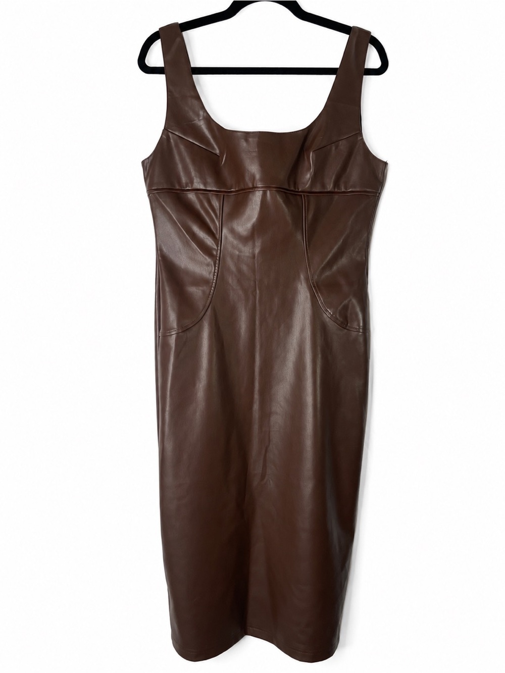 COMMENSE Dark Brown Tone Faux Leather Square Neck Midi Dress Size L NWT - Picture 3 of 16
